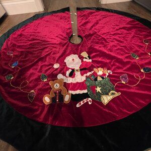 Santa & Friends Embroidered Christmas Tree Skirt  Red Velvet 55" Teddy Bear Doll